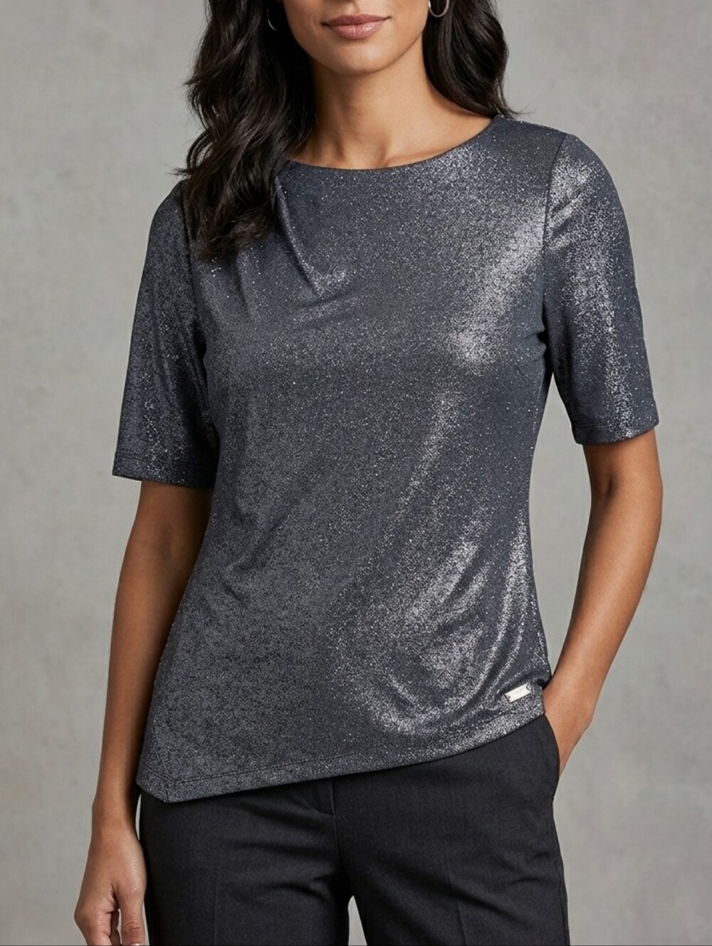 Calvin Klein Silver Black Sparkle Short Sleeve Blouse Top size L
